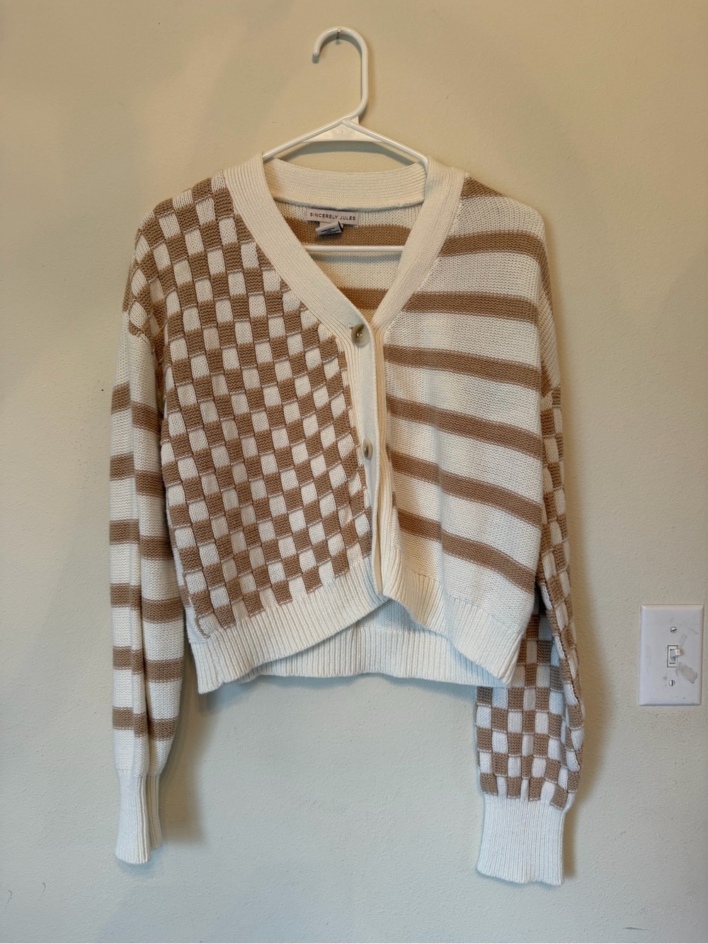 Sincerely Jules Cream & Tan Checkerboard Stripe Cropped Cardigan